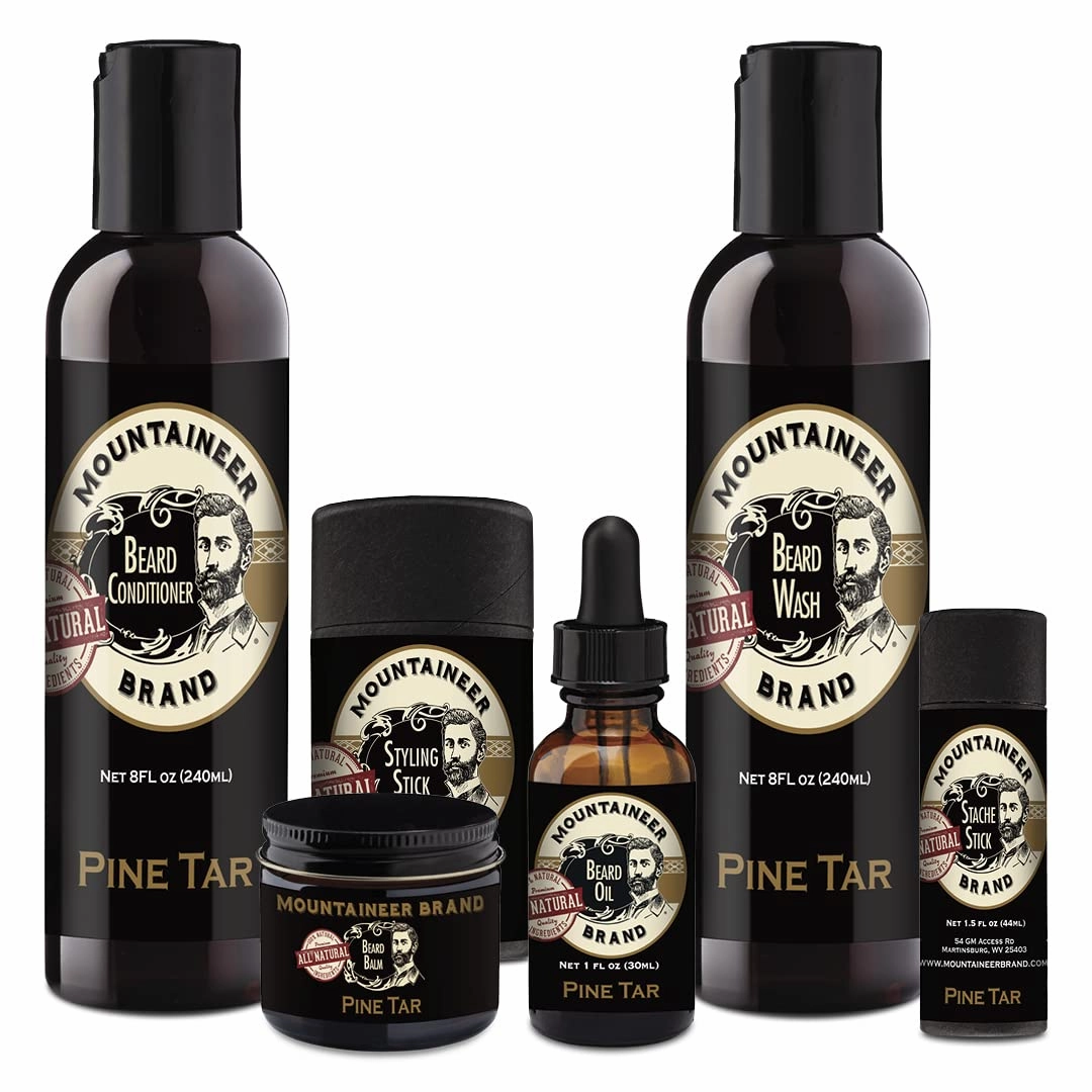 Mountaineer Brand BIG Beard Bundle | Beard Wash, Conditioner, Balm, Oil, Stache Stick, Styling Stick for Men | Cleans, Hydrates Wiry Beards | Leaves Hair Soft and Manageable | Pine Tar Scent