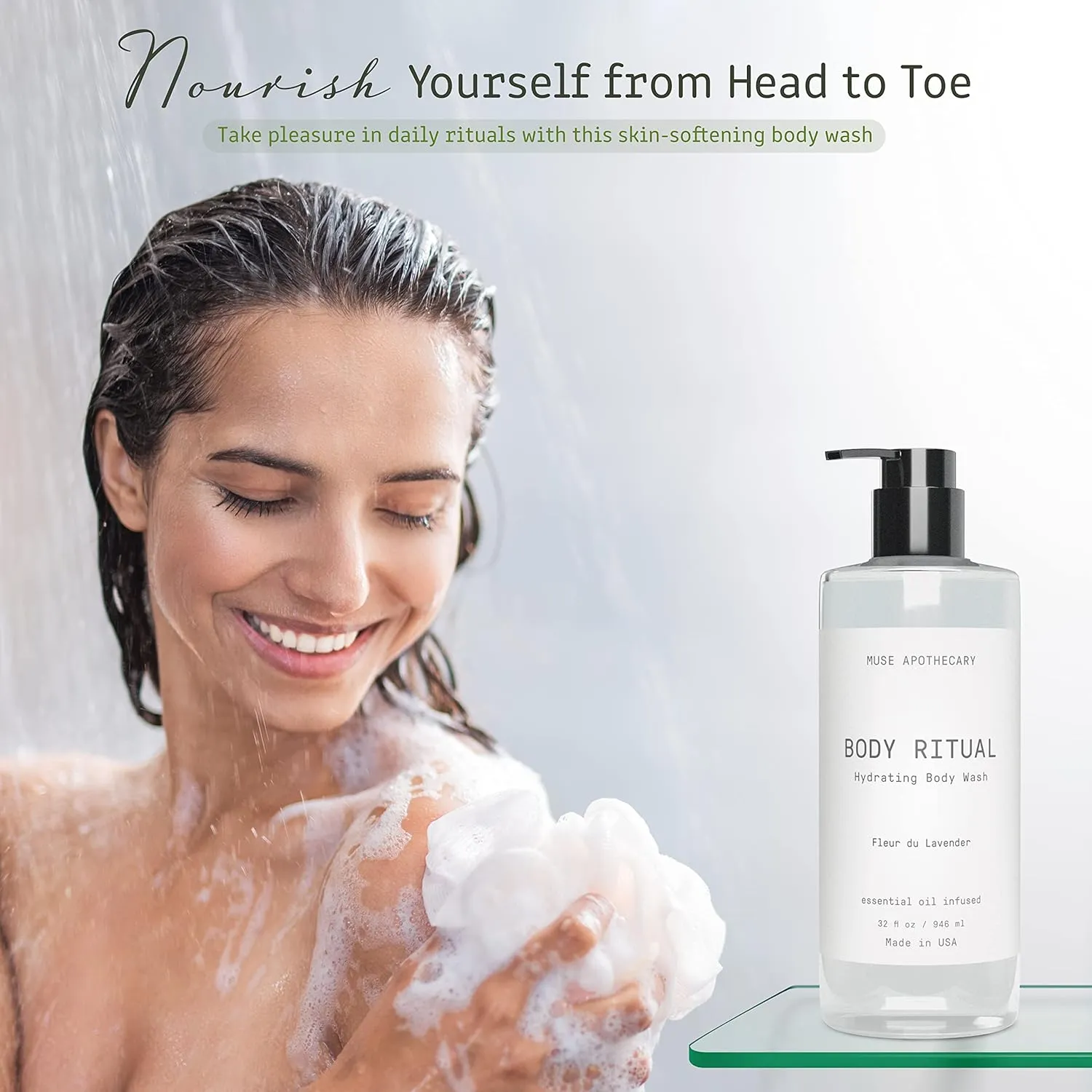 Muse Apothecary Body Ritual Hydrating - Fleur du Lavender Body Wash for Women & Men - Essential Oil Infused Aromatherapy Body Wash - 32 Ounce
