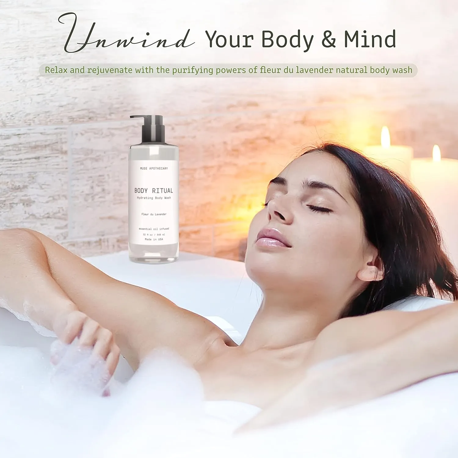 Muse Apothecary Body Ritual Hydrating - Fleur du Lavender Body Wash for Women & Men - Essential Oil Infused Aromatherapy Body Wash - 32 Ounce