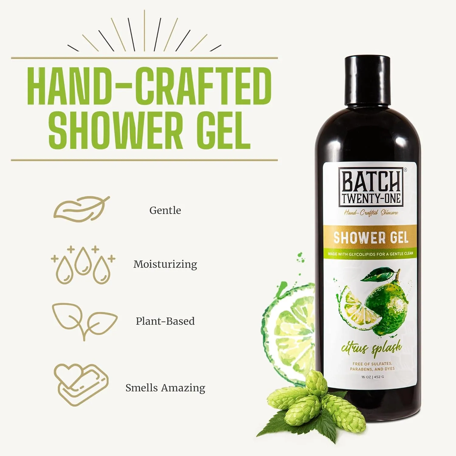 Natural Body Wash for Men and Women Citrus Splash Scent - Hydrating Shower Gel with Hops and Hemp Seed Oil - Handmade Organic Bath Gel - Natural, Exfoliating Body Wash, Pack of 2 16 fl oz each
