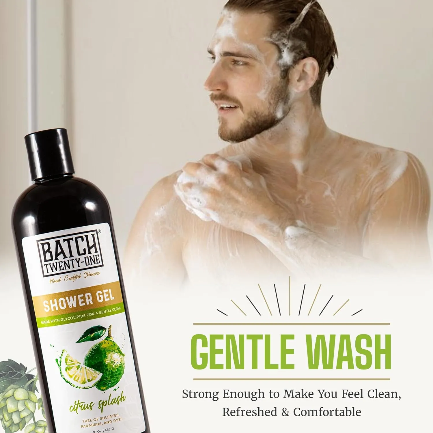 Natural Body Wash for Men and Women Citrus Splash Scent - Hydrating Shower Gel with Hops and Hemp Seed Oil - Handmade Organic Bath Gel - Natural, Exfoliating Body Wash, Pack of 2 16 fl oz each