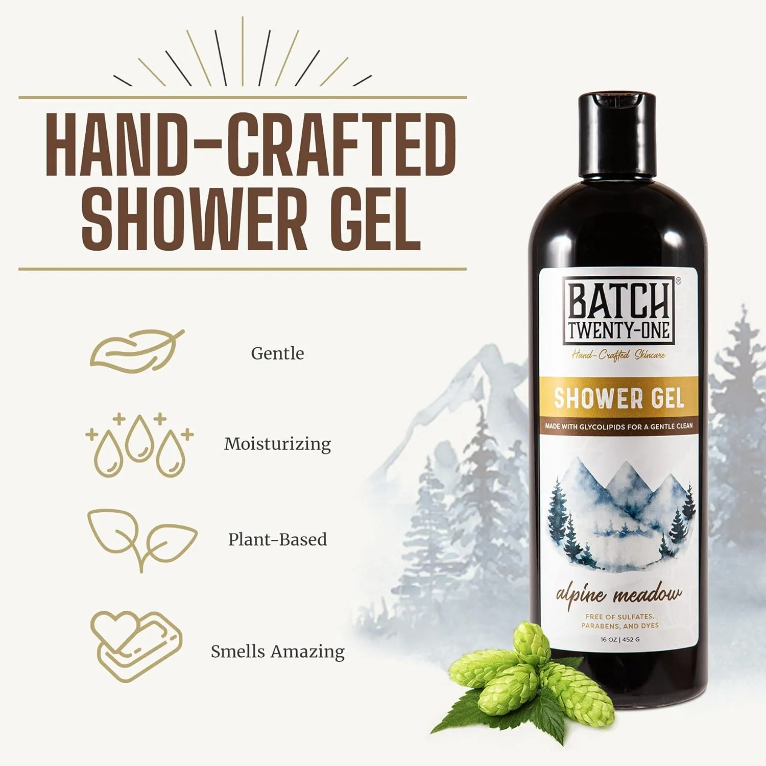 Natural Body Wash for Men and Women - Hydrating Shower Gel with Hops and Hemp Seed Oil - Handmade Organic Bath Gel - Natural, Exfoliating Body Wash Pack of 2, 16 fl oz each