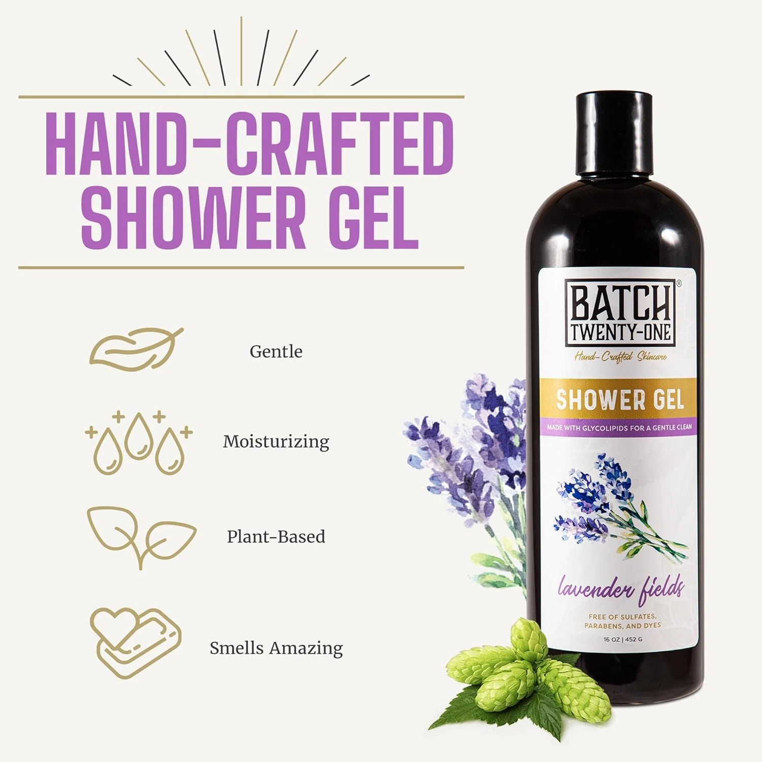 Natural Body Wash for Men and Women Lavender Scent- Hydrating Shower Gel with Hops and Hemp Seed Oil - Handmade Organic Bath Gel - Natural, Exfoliating Body Wash Pack of 2 16 fl oz each