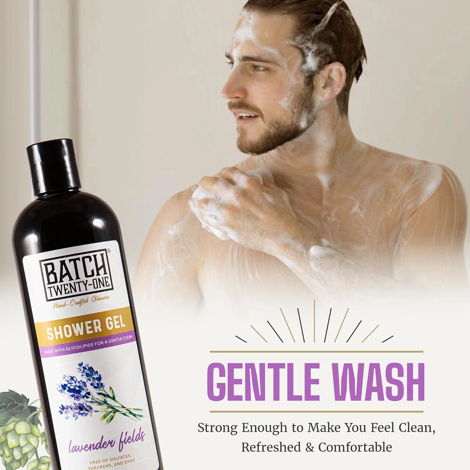 Natural Body Wash for Men and Women Lavender Scent- Hydrating Shower Gel with Hops and Hemp Seed Oil - Handmade Organic Bath Gel - Natural, Exfoliating Body Wash Pack of 2 16 fl oz each