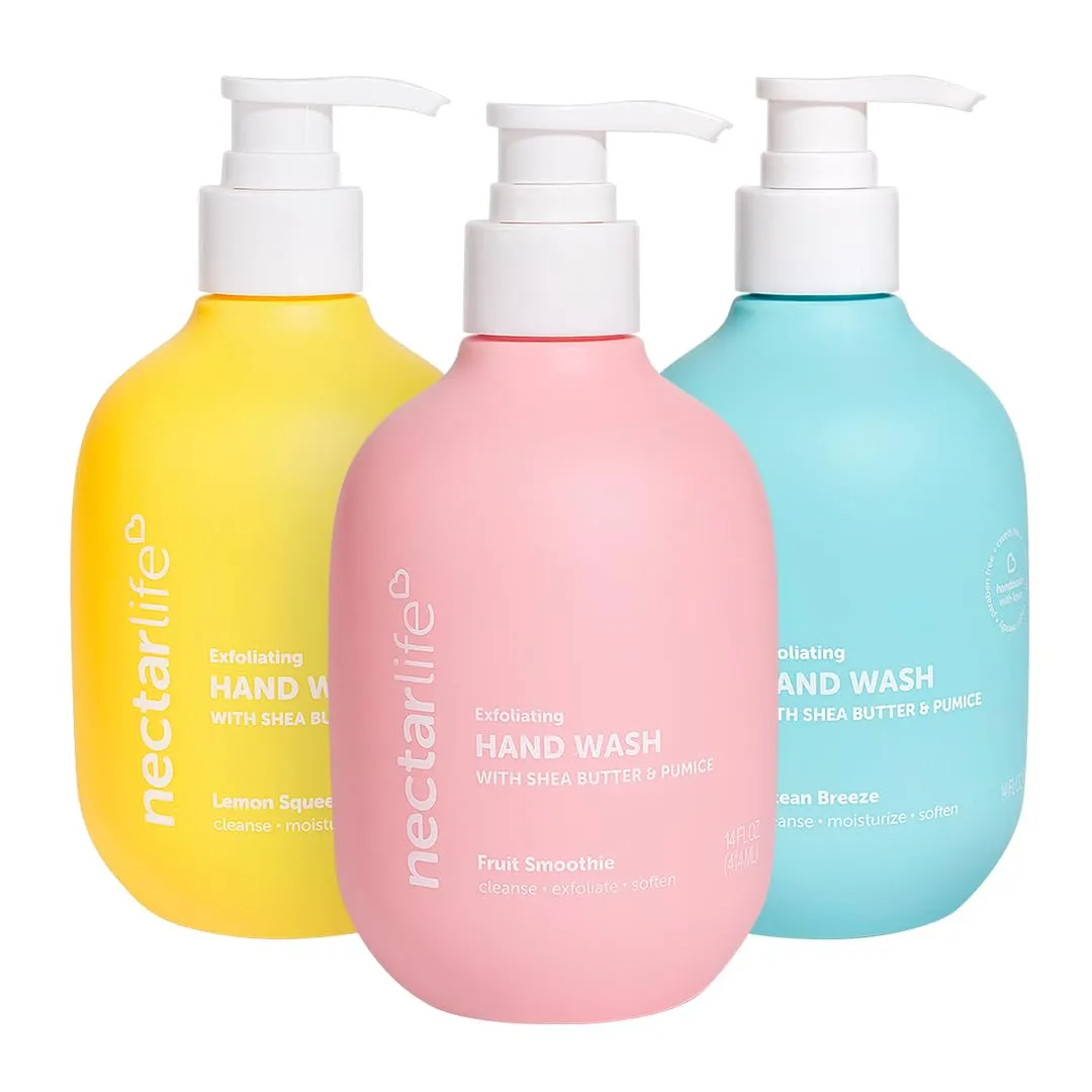Nectar Life Exfoliating Hand Wash Set, Lemon Squeeze, Fruit Smoothie, Ocean Breeze, with Shea Butter and Pumice, 3 Pack