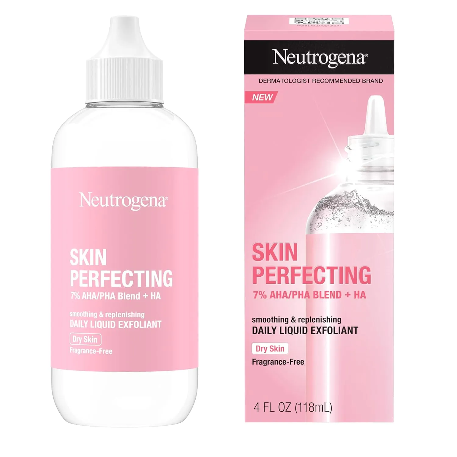 Neutrogena Skin Perfecting Daily Liquid Facial Exfoliant with 7% AHA/PHA Blend   HA to Smooth, Exfoliate & Replenish Dry Skin, Leave-On Face Exfoliator, Oil- & Fragrance-Free, 4 fl. oz