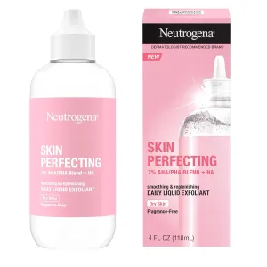 Neutrogena Skin Perfecting Daily Liquid Facial Exfoliant with 7% AHA/PHA Blend   HA to Smooth, Exfoliate & Replenish Dry Skin, Leave-On Face Exfoliator, Oil- & Fragrance-Free, 4 fl. oz