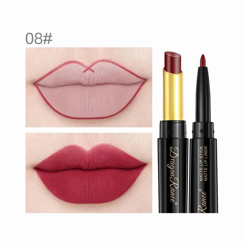 New 8 Color 2 in 1 Lipliner Lipstick Set Matte Velvet Texture Lasting Nourish Waterproof Fashion Double Head Lipstick Cosmetics