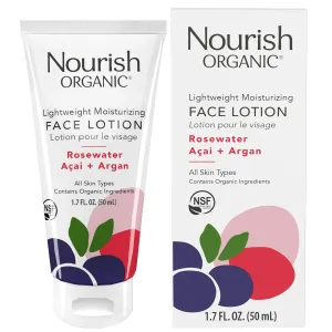 Nourish Organic Face Lotion, Rosewater Acai   Argan – Lightweight Moisturizer for Face with Aloe Vera, Shea Butter & Vitamin C, 1.7 Oz   Washable Cotton Round