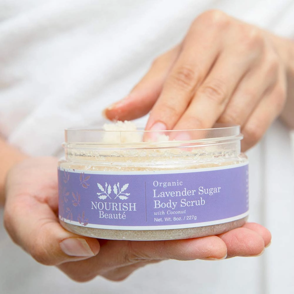 Nourish Beaute Organic Sugar Body Scrub for Exfoliation and Cellulite, Hydrates and Moisturizes Skin While Improving Skin Tone and Texture, 8 oz, Lavender