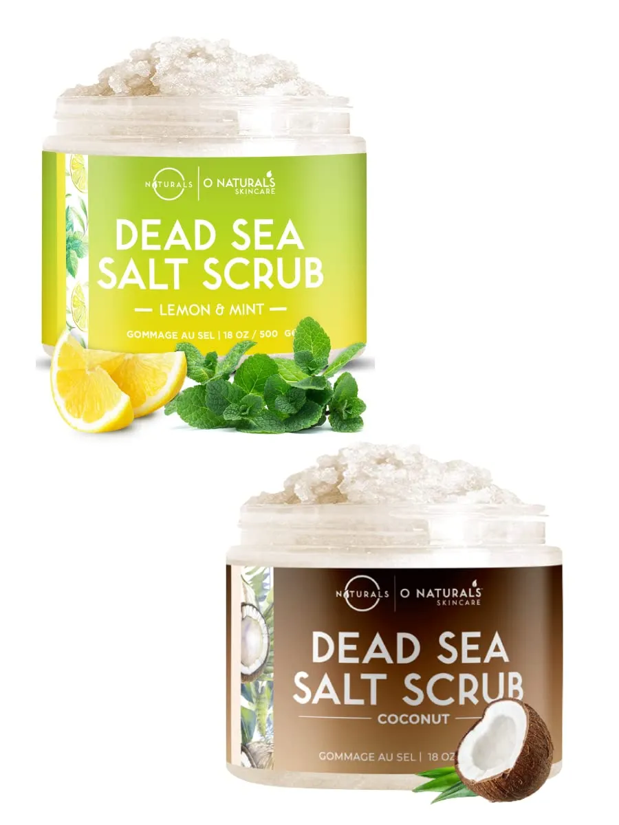 O Naturals Face and Body Scrub Bundle - Lemon and Mint Salt Scrub 18oz, Coconut Salt Scrub 18oz - Exfoliating Body Scrub Dead Sea Salt Scrub