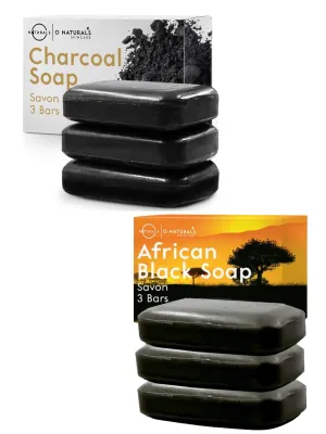 O NATURALS Moisturizing African Black Soap & Detoxifying Charcoal Soap Bar Bundle Two 3 Packs, 4 Ounce Each Bar Of Soap.