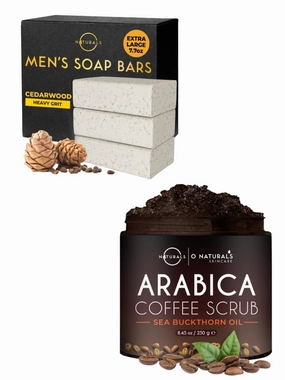 O Naturals 3pc Cedarwood Exfoliating Soap & Coffee Arabica Scrub Bundle - Heavy Grit All Natural Bar Soap with Apricot Kernels, Organic Coffee Arabica Women & Mens Body Scrub with Dead Sea Salt Scrub