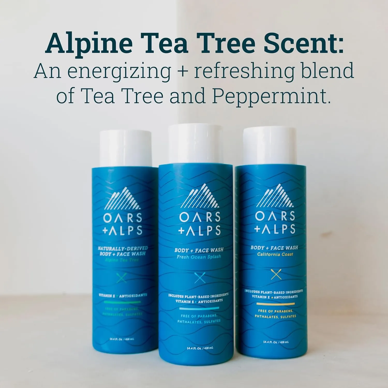 Oars   Alps Men's Moisturizing Body and Face Wash, Skin Care Infused with Vitamin E and Antioxidants, Sulfate Free, Alpine Tea Tree, 3 Pack