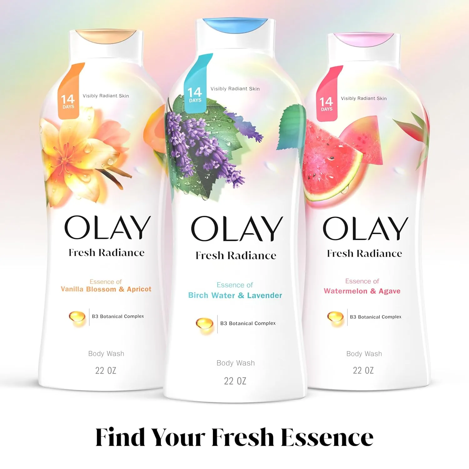 Olay Body Wash for Women, Fresh Radiance, Refreshing & Renewing, Made with Plant Based Cleansers, B3 Botanical Complex, For All Skin Types, Birch Water & Lavender Scent, 22 fl oz (Pack of 4)