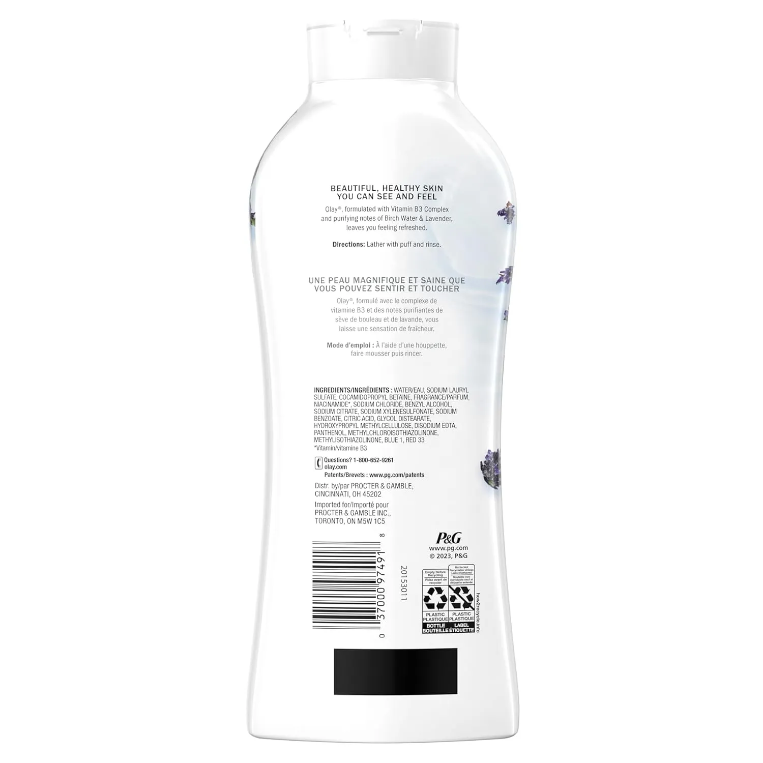 Olay Body Wash for Women, Fresh Radiance, Refreshing & Renewing, Made with Plant Based Cleansers, B3 Botanical Complex, For All Skin Types, Birch Water & Lavender Scent, 22 fl oz (Pack of 4)