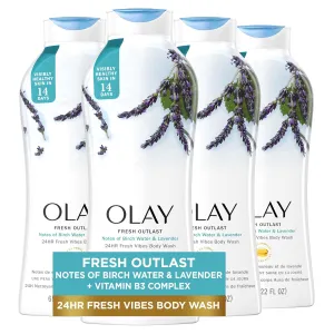 Olay Body Wash for Women, Fresh Radiance, Refreshing & Renewing, Made with Plant Based Cleansers, B3 Botanical Complex, For All Skin Types, Birch Water & Lavender Scent, 22 fl oz (Pack of 4)