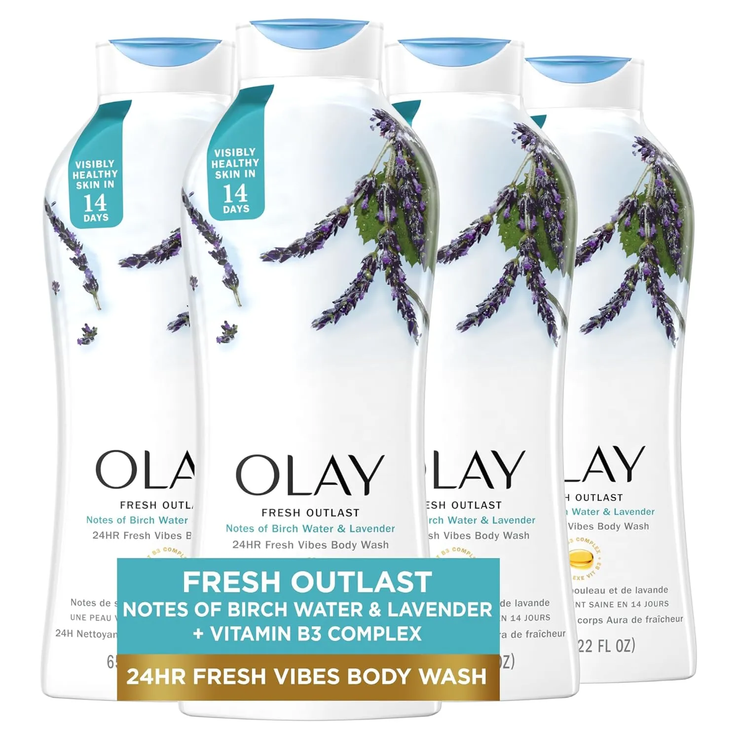 Olay Body Wash for Women, Fresh Radiance, Refreshing & Renewing, Made with Plant Based Cleansers, B3 Botanical Complex, For All Skin Types, Birch Water & Lavender Scent, 22 fl oz (Pack of 4)