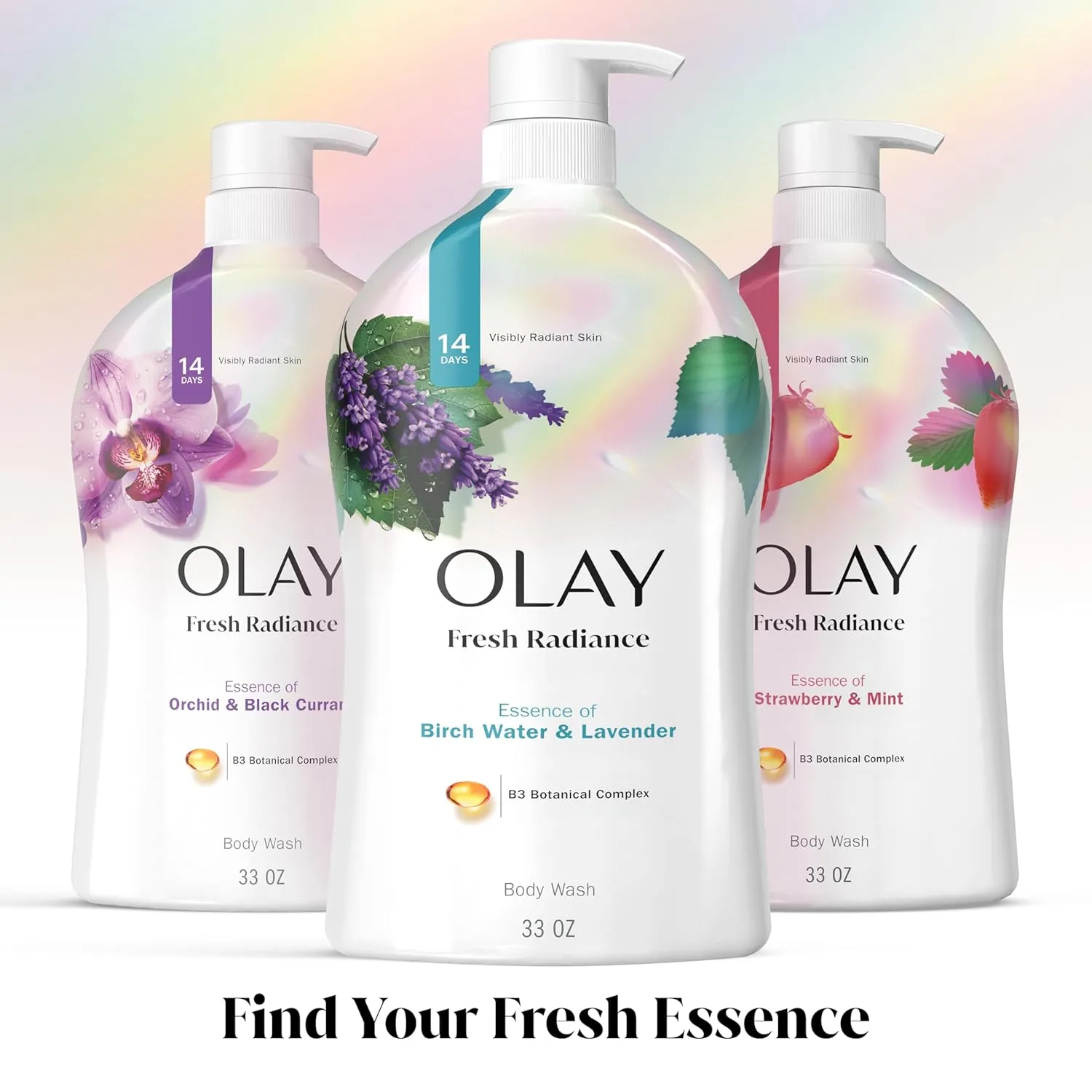 Olay Body Wash for Women, Fresh Radiance, Refreshing & Renewing, Made with Plant Based Cleansers, B3 Botanical Complex, For All Skin Types, Birch Water & Lavender Scent, 33 fl oz (Pack of 4)