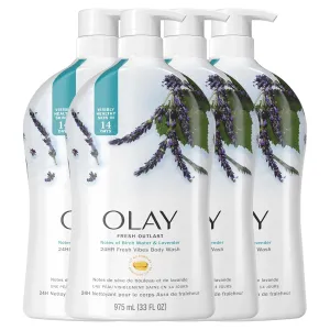 Olay Body Wash for Women, Fresh Radiance, Refreshing & Renewing, Made with Plant Based Cleansers, B3 Botanical Complex, For All Skin Types, Birch Water & Lavender Scent, 33 fl oz (Pack of 4)