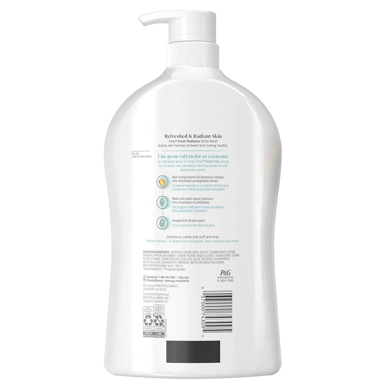 Olay Body Wash for Women, Fresh Radiance, Refreshing & Renewing, Made with Plant Based Cleansers, B3 Botanical Complex, For All Skin Types, Birch Water & Lavender Scent, 33 fl oz (Pack of 4)