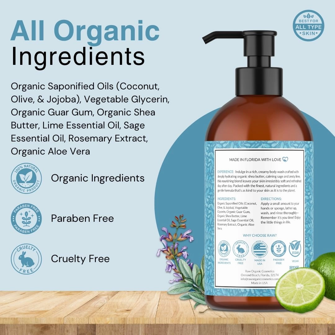 Organic Body Wash Sage & Lime Bliss Scent - All Natural Soap With Shea Butter - Calming & Soothing Lavender for Natural Hydration & Sensitive Skin - Made in USA, 16 oz