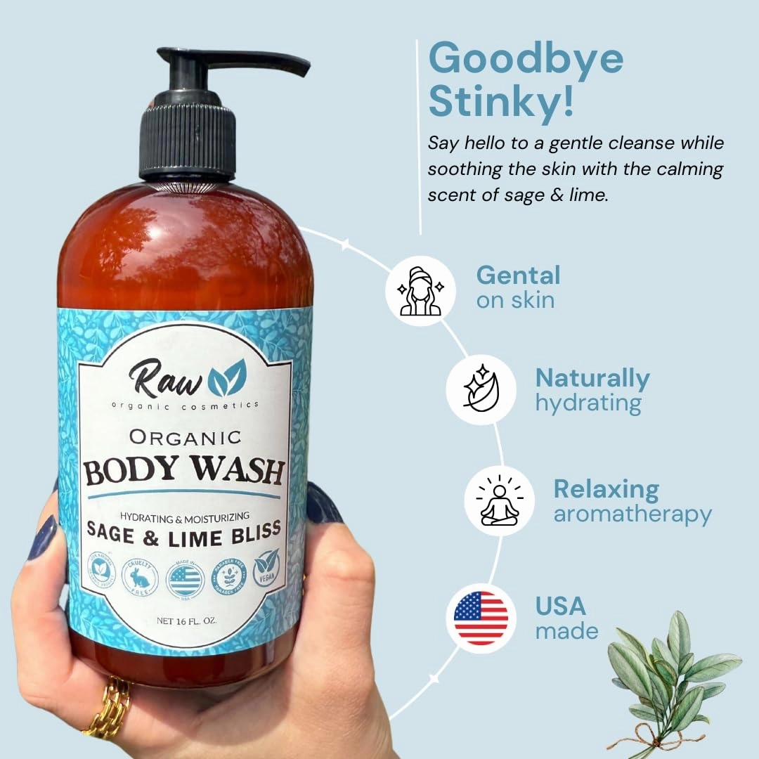 Organic Body Wash Sage & Lime Bliss Scent - All Natural Soap With Shea Butter - Calming & Soothing Lavender for Natural Hydration & Sensitive Skin - Made in USA, 16 oz