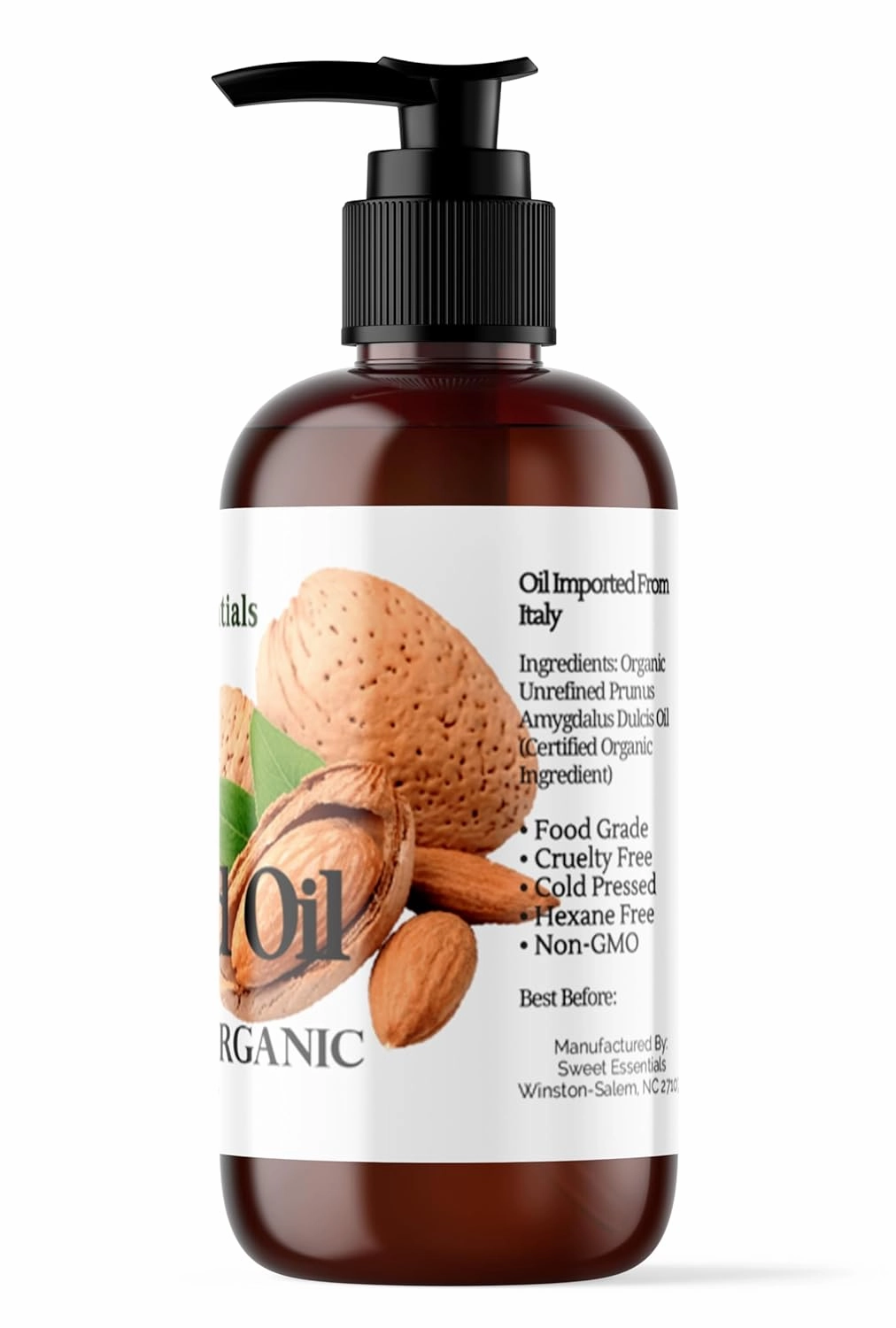 Organic Unrefined Virgin Sweet Almond Oil | Imported From Italy | 100% Pure | Cold Pressed | Hexane Free | Carrier Oil (8 Fluid Ounces)