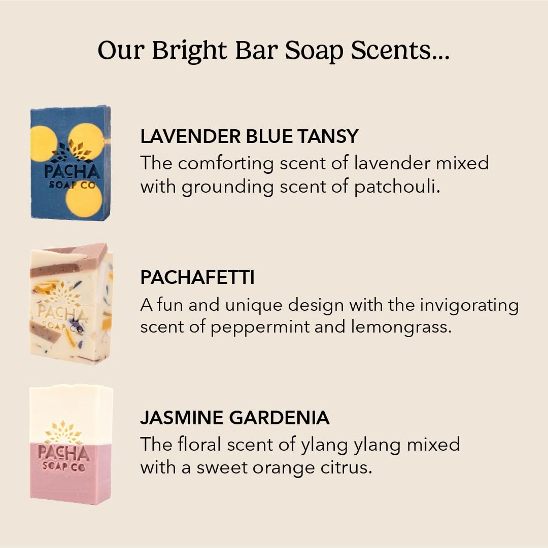 Pacha Bright Suds Bar Soap 3 Pack | Premium, Handcrafted, Hydrating | Natural Face Wash, Hand Cleanser, Body Wash | Soothing Essential Oils, 4 oz