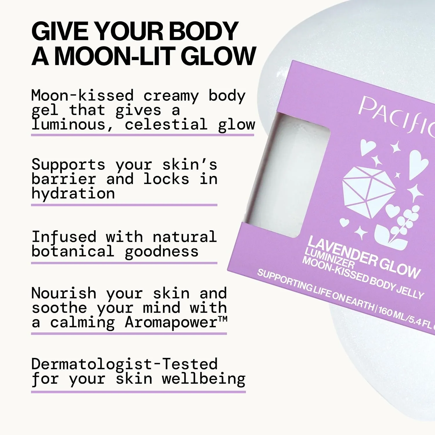 Pacifica Lavender Glow Shimmering Body Jelly – Moon-Kissed Illuminator & Hydrating Body Gel, Lightweight Glow Highlight with Lavender & Vanilla, Clean Beauty, Vegan, Cruelty-Free, 6 oz
