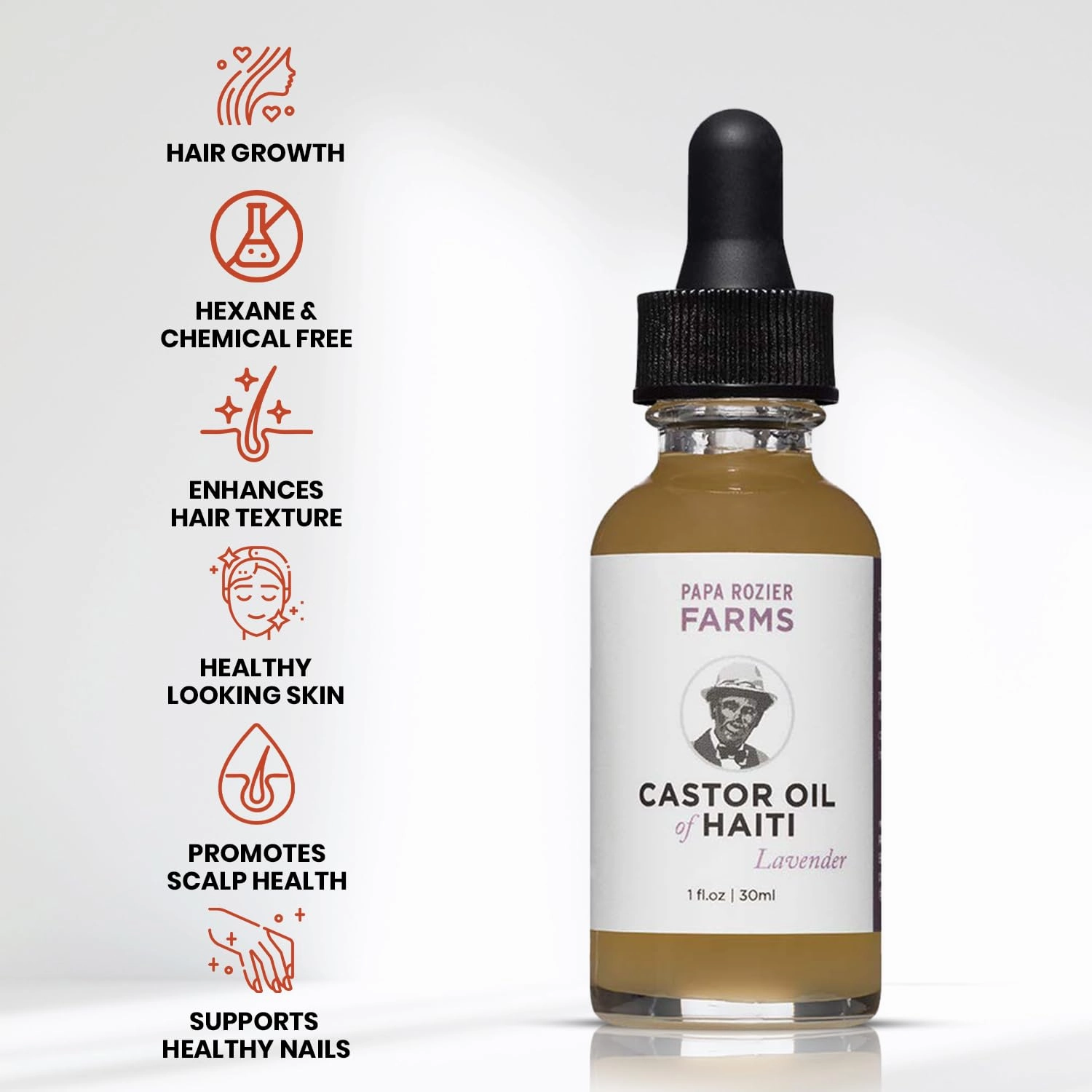 Papa Rozier Farms Lavender Pure Castor Oil of Haiti - Organic Cold Pressed - Hexane Free - 1oz – Unrefined – Oil for Hair Growth Treatment, Dry Skin Moisturizer, Eyelashes & Eyebrows, Pack of 1
