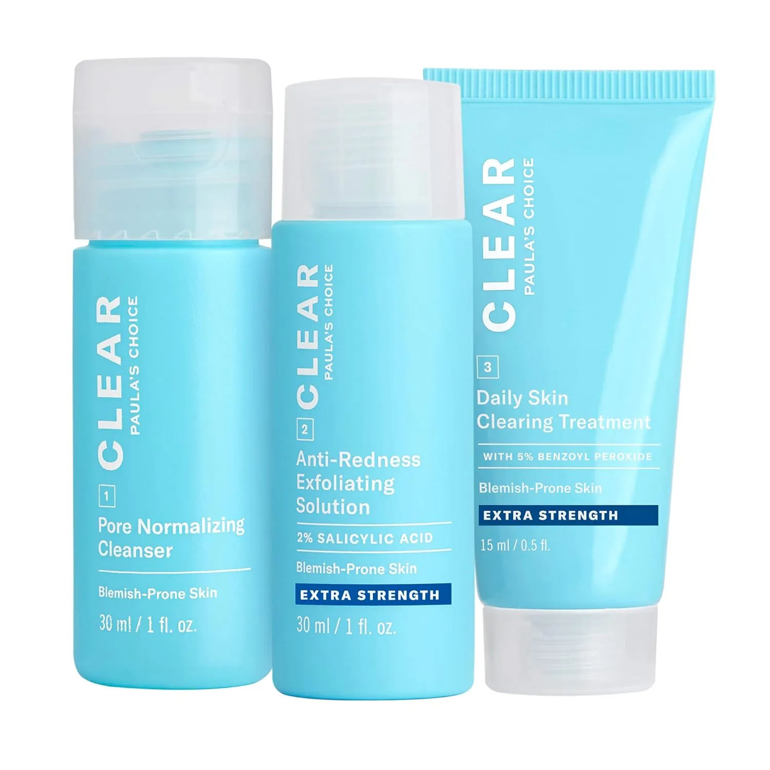 Paula's Choice CLEAR 3-Piece Acne Kit, Includes Daily Cleanser, 2% Salicylic Acid Exfoliant & Benzoyl Peroxide Treatment, Prevents & Treats Mild to Severe Acne & Breakouts, Fragrance-Free, Set of 3