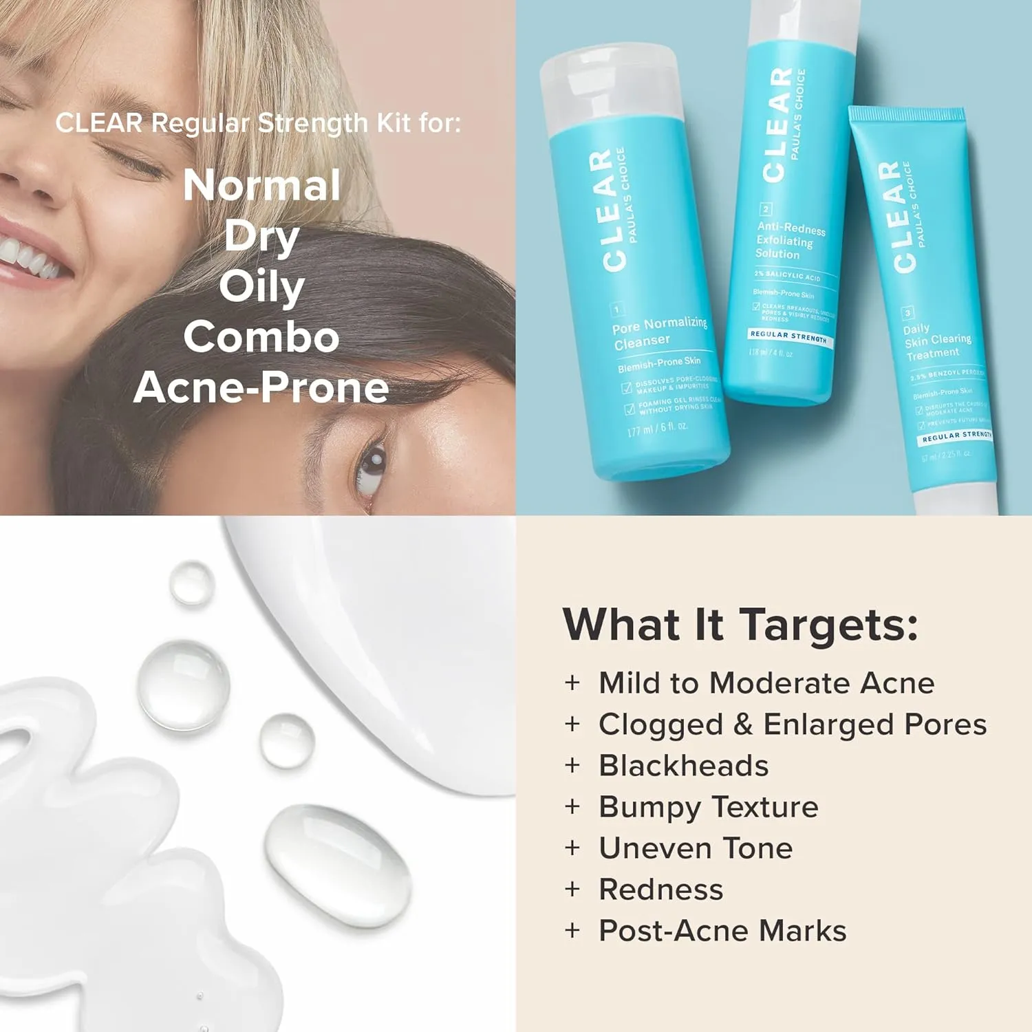 Paula's Choice CLEAR 3-Piece Acne Kit, Includes Daily Cleanser, 2% Salicylic Acid Exfoliant & Benzoyl Peroxide Treatment, Prevents & Treats Mild to Severe Acne & Breakouts, Fragrance-Free, Set of 3