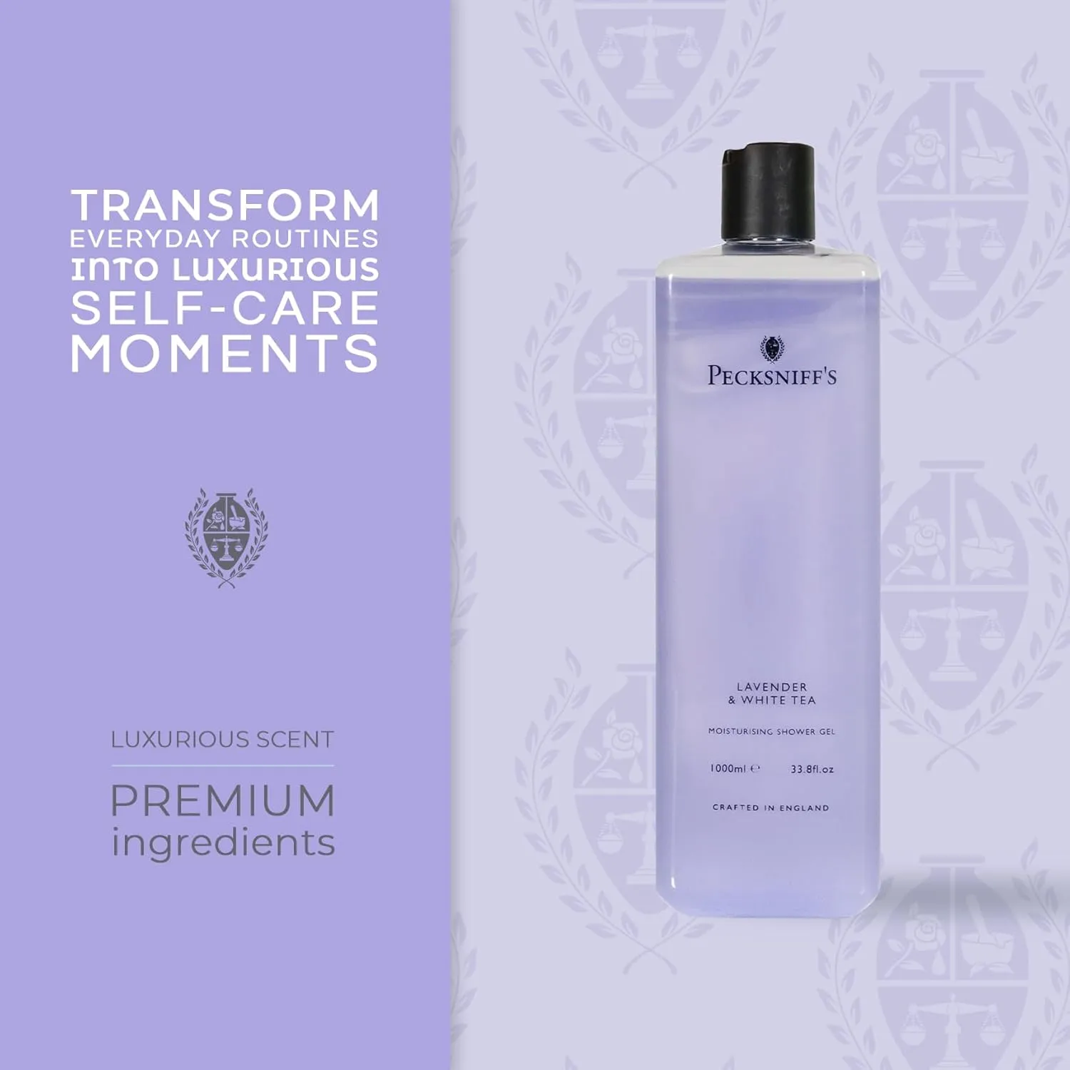 Pecksniff's 33.8 Fluid Oz Shower Gel (Lavender & White Tea) - Gentle Cleanser for Sensitive Skin - Moisturizing & Hydrating - All Natural Cruelty Free Body Wash - Vitamin B Enriched Body Wash