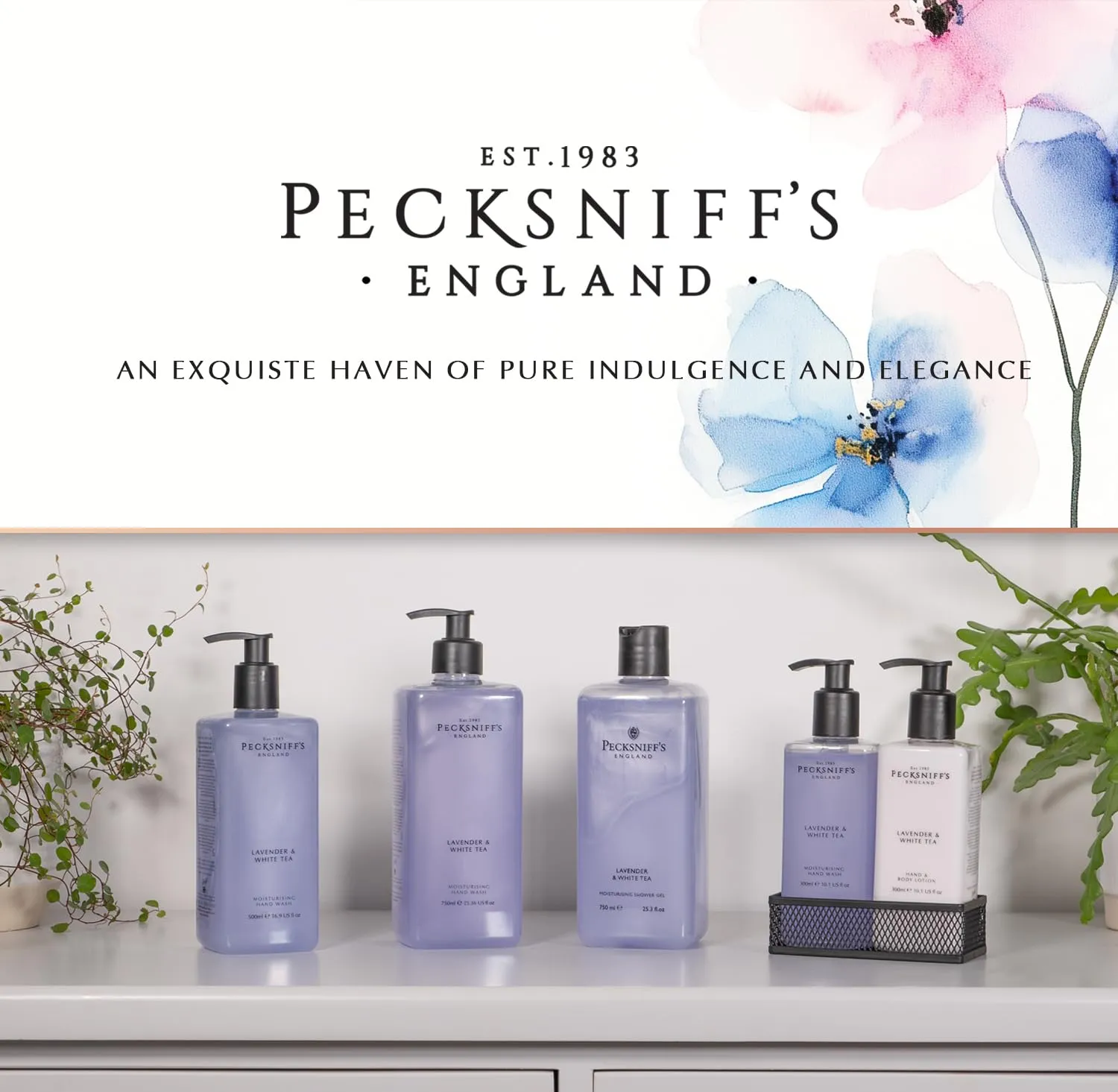 Pecksniff's 33.8 Fluid Oz Shower Gel (Lavender & White Tea) - Gentle Cleanser for Sensitive Skin - Moisturizing & Hydrating - All Natural Cruelty Free Body Wash - Vitamin B Enriched Body Wash