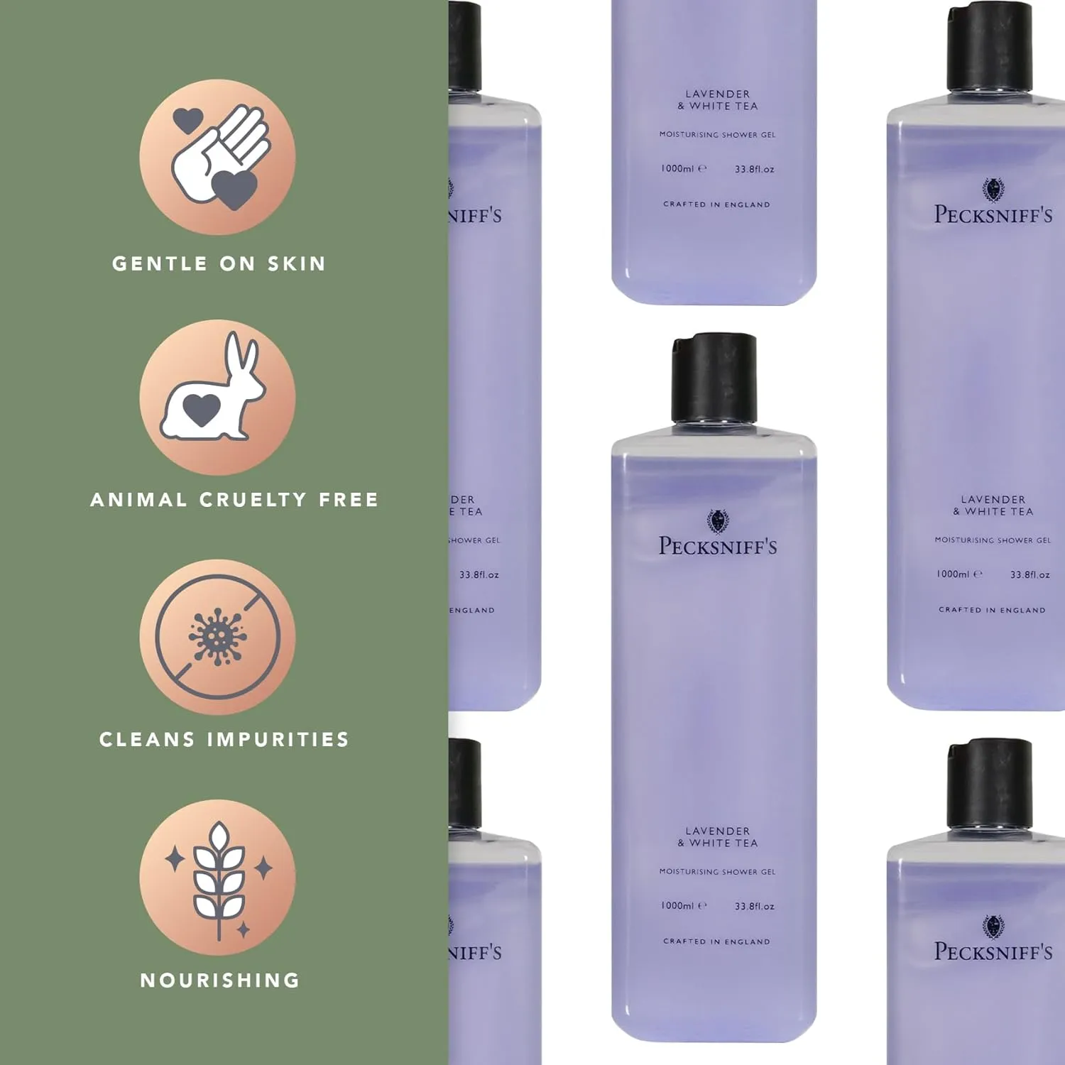 Pecksniff's 33.8 Fluid Oz Shower Gel (Lavender & White Tea) - Gentle Cleanser for Sensitive Skin - Moisturizing & Hydrating - All Natural Cruelty Free Body Wash - Vitamin B Enriched Body Wash