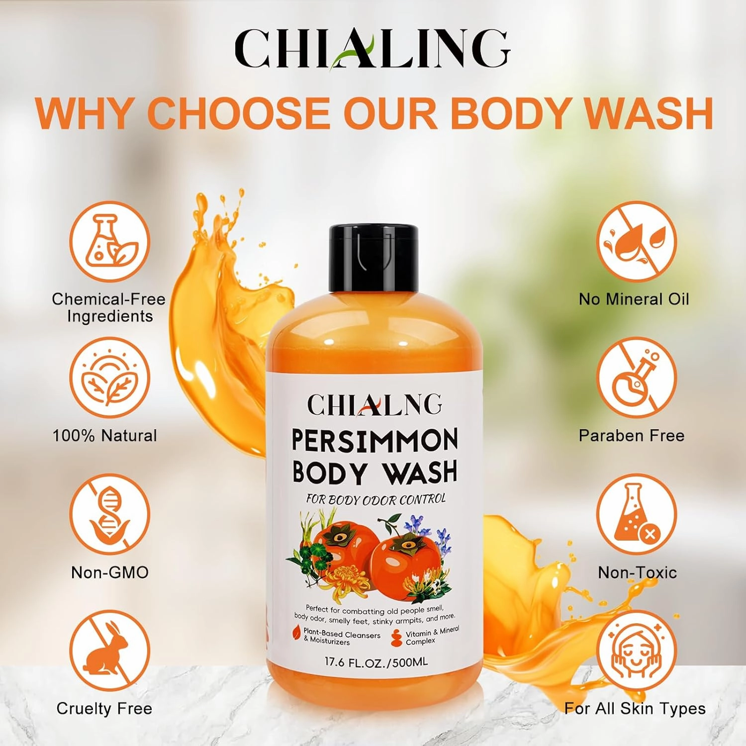 Persimmon Scented Body Soaps Wash for Body Odor Control l Removing Nonenal Body Odor Rich Centella asiatica extract Soap for Old People Smell,Smelly Feet, Underarms for Men & Women (16.9 Fl Oz)