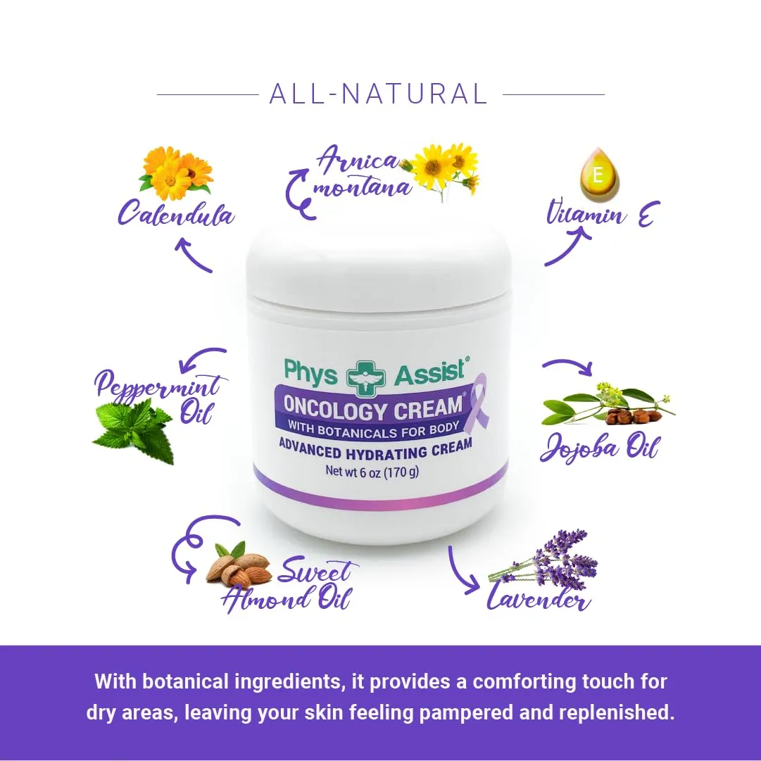PhysAssist - Oncology Body Cream with Botanicals, 6 oz. Soothing and Hydrating to Stressed Skin. Made with Oils of Lavender, Calendula, and Peppermint. Non-Irritant, Clinically Tested.