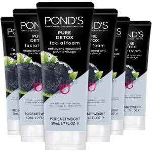 Pond's Face Cleanser - Pure Detox, Facial Foam, Activated Charcoal Face Wash with Skin-Brightening Niacinamide, Moringa Extract, and Green Tea for Deep Cleansing, Glowing Skin, 1.7 Oz (Pack of 6)