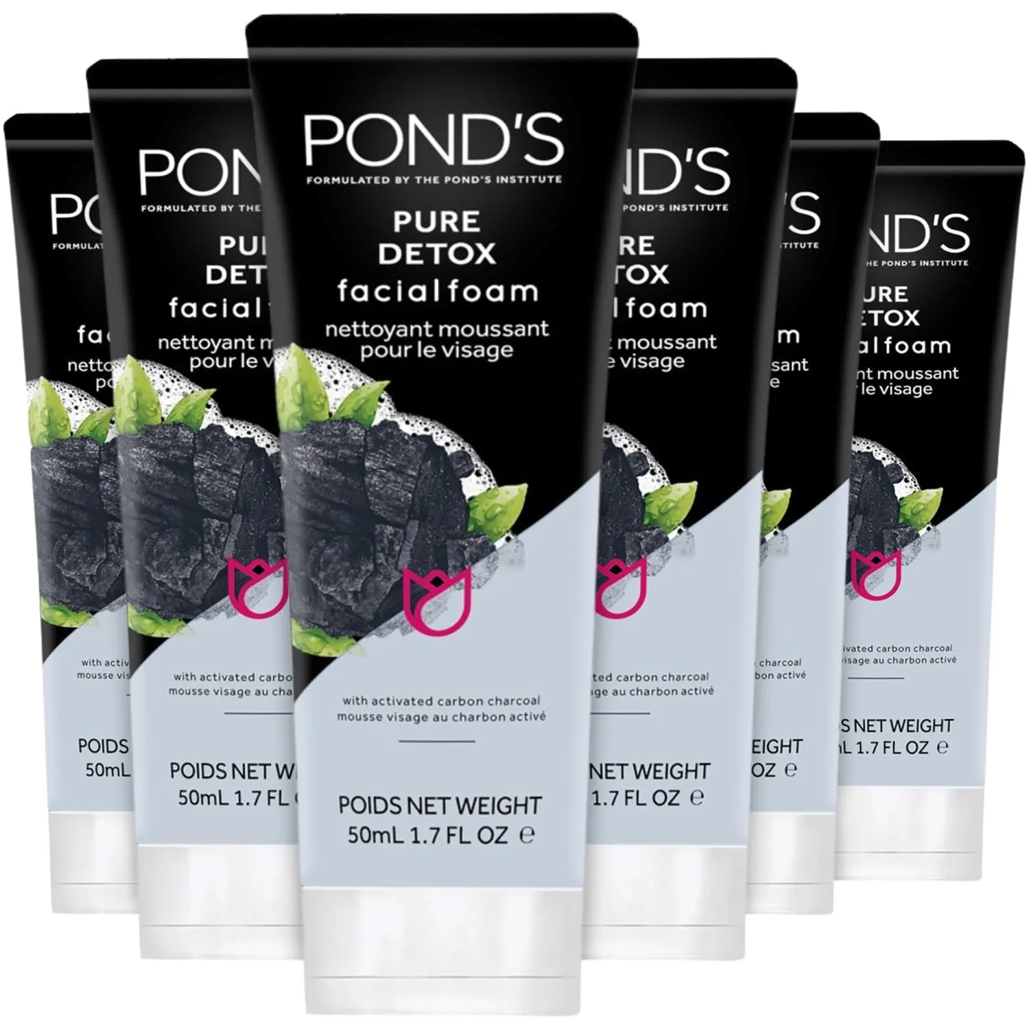 Pond's Face Cleanser - Pure Detox, Facial Foam, Activated Charcoal Face Wash with Skin-Brightening Niacinamide, Moringa Extract, and Green Tea for Deep Cleansing, Glowing Skin, 1.7 Oz (Pack of 6)