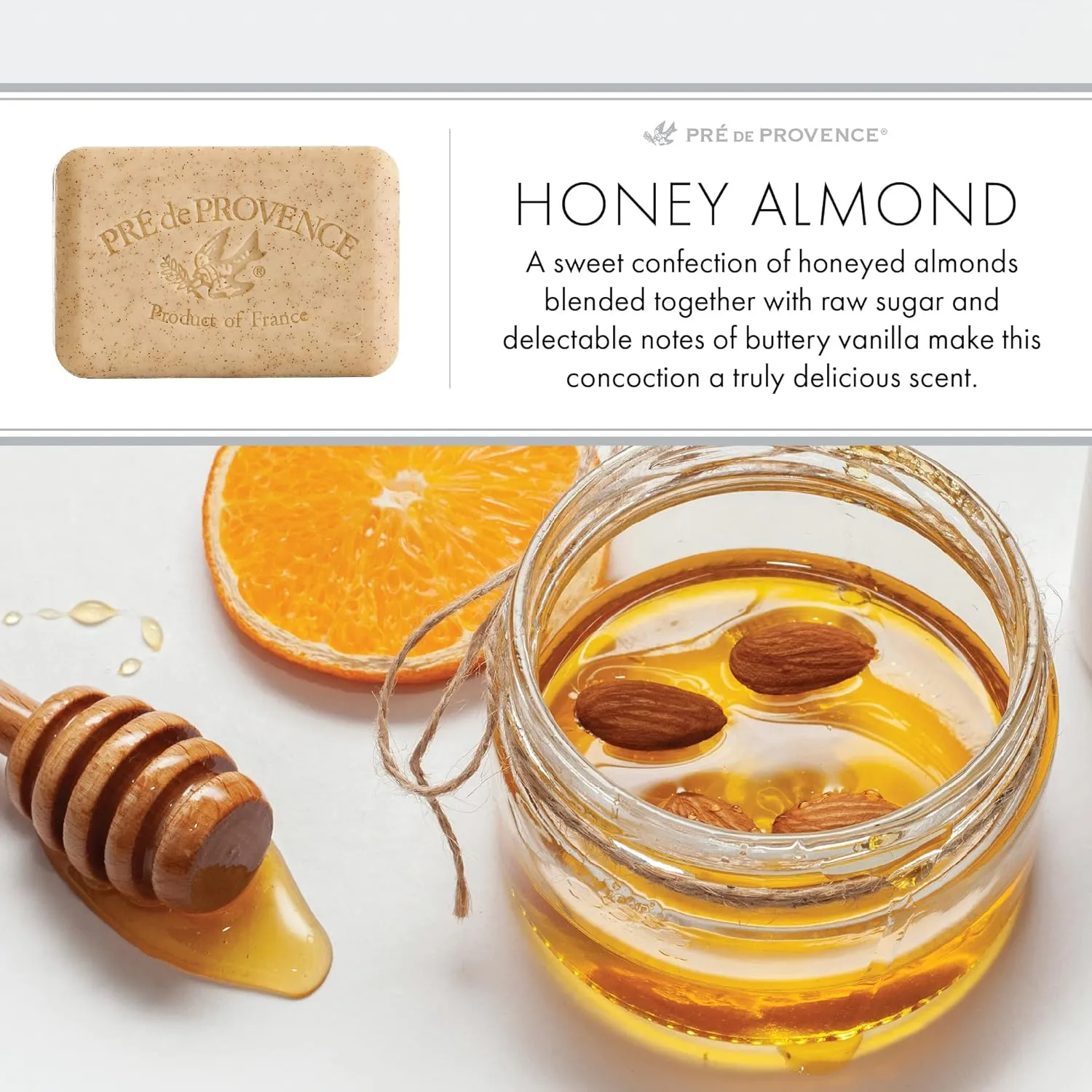 Pre de Provence Artisanal French Soap Bar Enriched with Shea Butter, Honey Almond, 8.8 Ounce