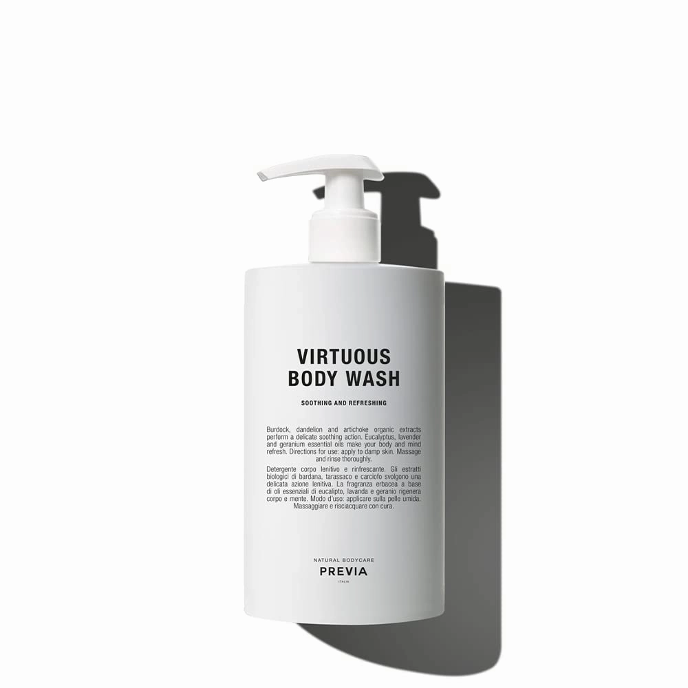 PREVIA Virtuous Body Wash - Soothing Shower Gel for Sensitive Skin - Refreshing and Gentle Cleansing - With Eucalyptus, Lavender, and Geranium Essential Oils - 16.9 oz