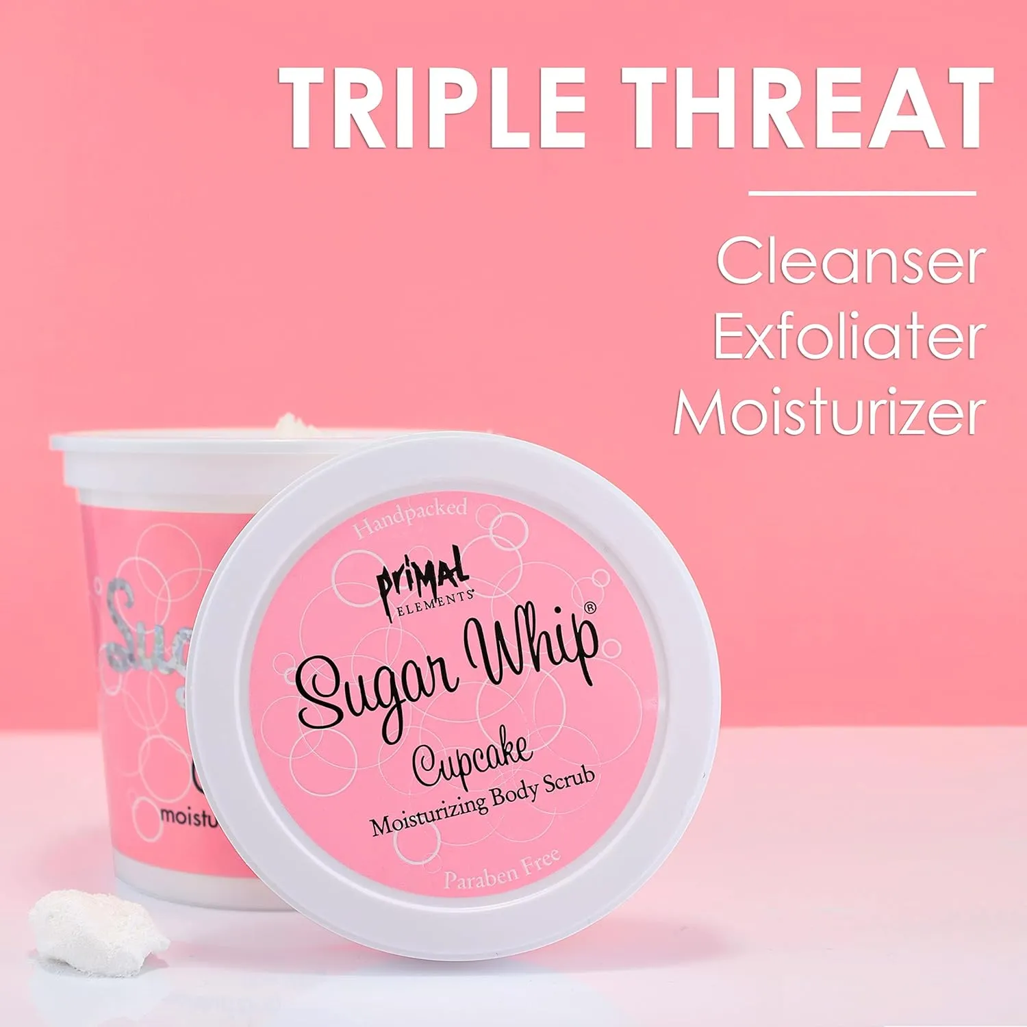 Primal Elements Sugar Scrub, Exfoliating Sugar Whip, Face and Body Cleanser, Moisturizer, Cupcake, 10 oz Package