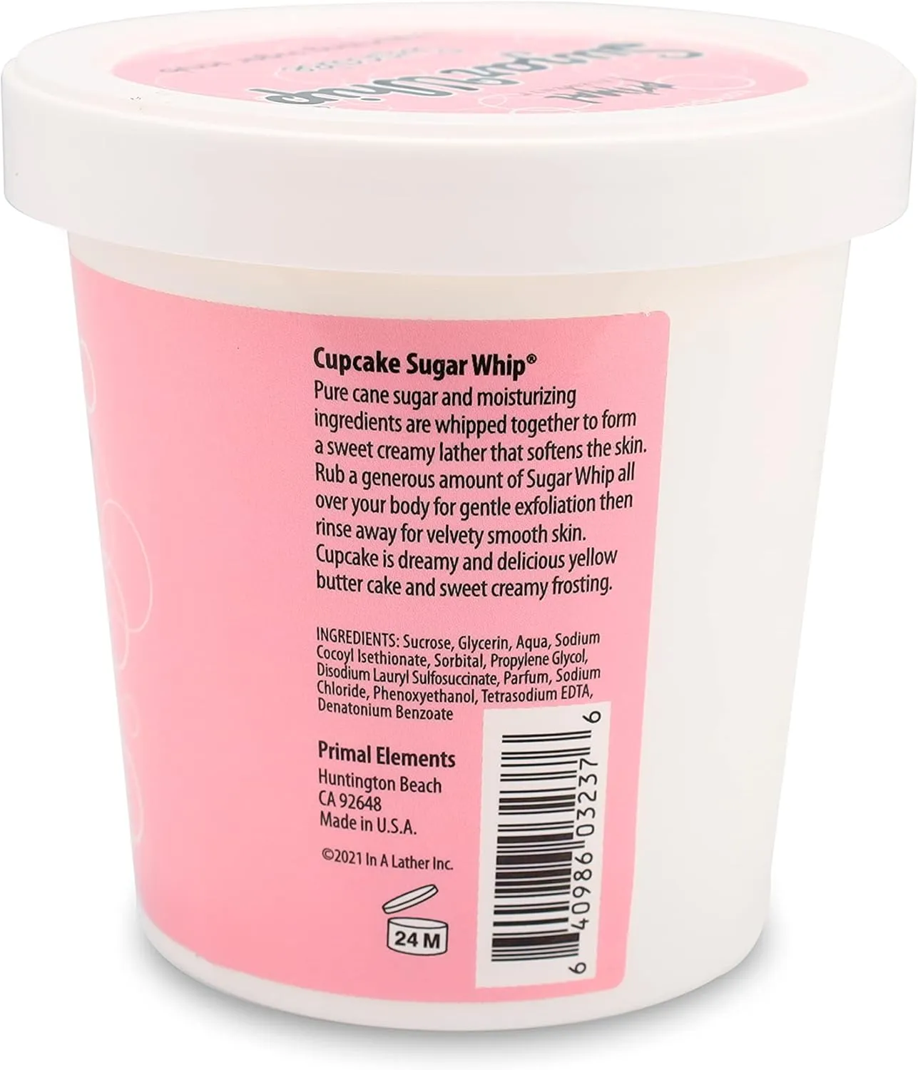 Primal Elements Sugar Scrub, Exfoliating Sugar Whip, Face and Body Cleanser, Moisturizer, Cupcake, 10 oz Package