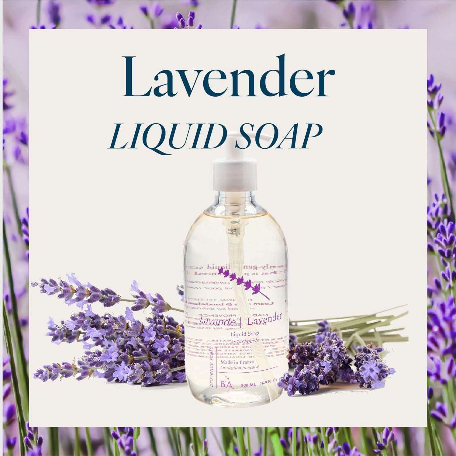 Provence Sante Natural Liquid Soap - Moisturizing Almond Oil Hand Soap with Calming Lavender Scent - Elegant Pump Dispenser for Kitchen & Bath (16.9 oz)