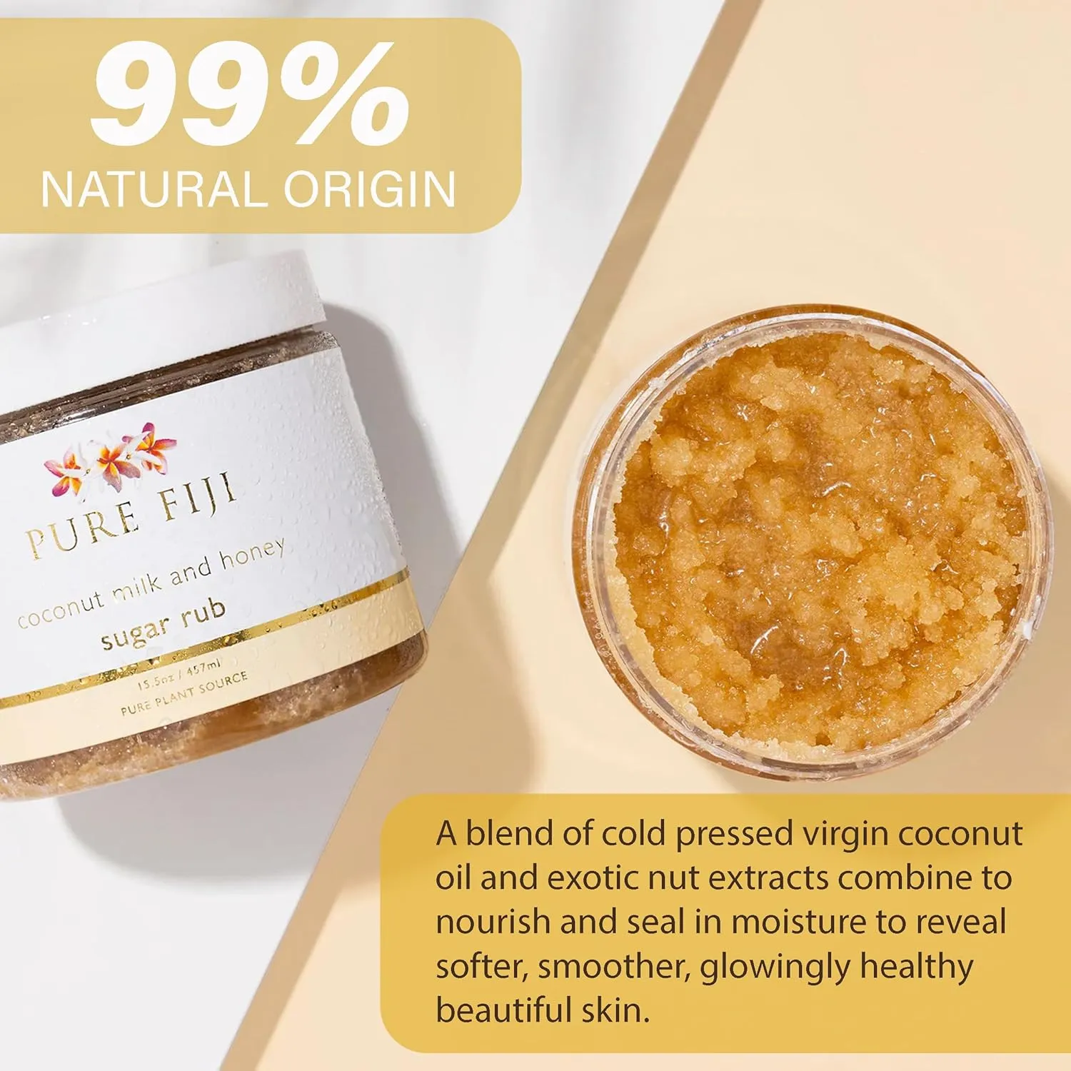 Pure Fiji Coconut Sugar Body Scrub - Body Exfoliator Scrub Natural Origin for Smooths and Softens Skin - Organic Exfoliating Sugar Scrub for Body, Coconut Milk and Honey, 15.5 Oz