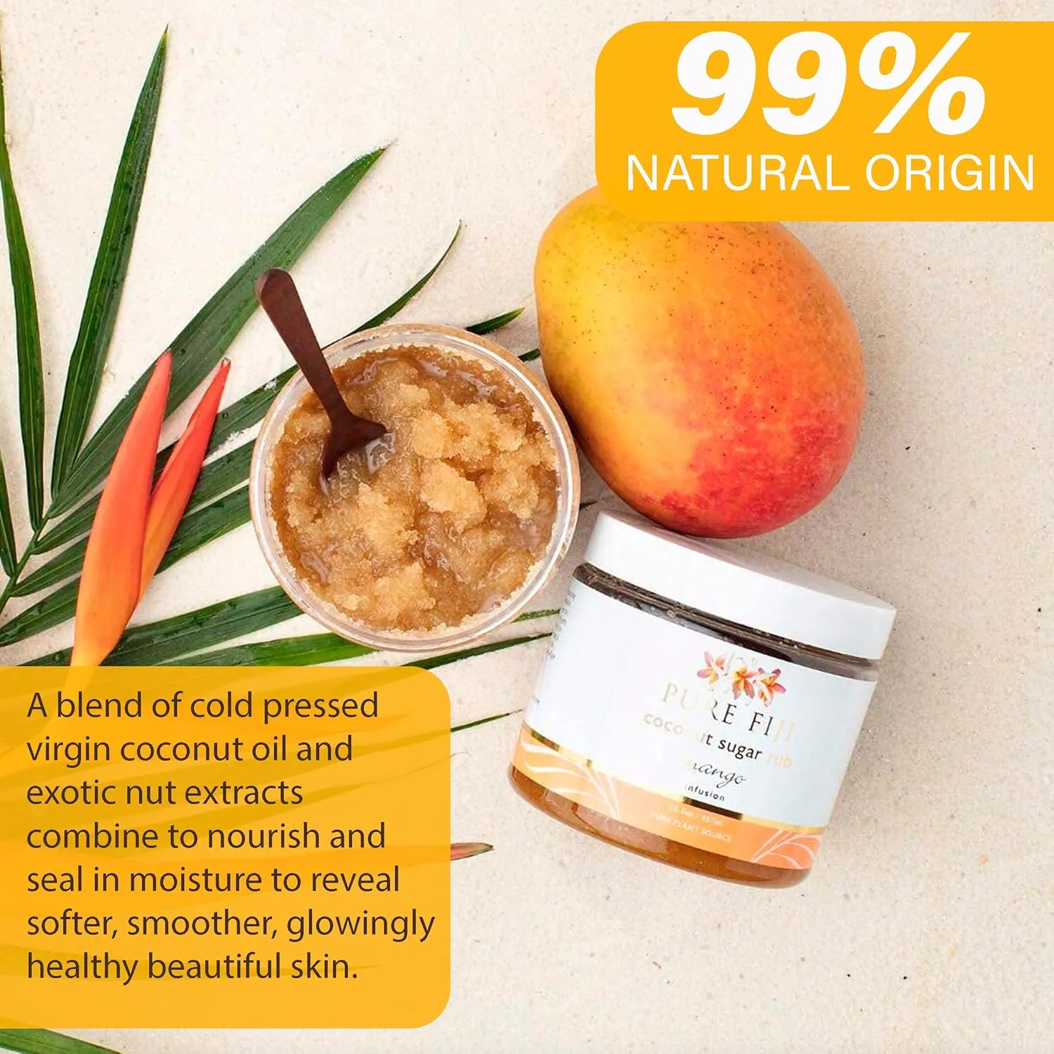Pure Fiji Coconut Sugar Body Scrub - Body Exfoliator Scrub Natural Origin for Smooths and Softens Skin - Organic Exfoliating Sugar Scrub for Body, Mango, 15.5 Oz