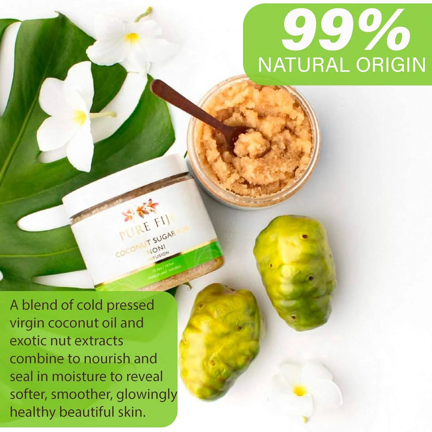 Pure Fiji Coconut Sugar Body Scrub - Body Exfoliator Scrub Natural Origin for Smooths and Softens Skin - Organic Exfoliating Sugar Scrub for Body, Noni, 15.5 Oz