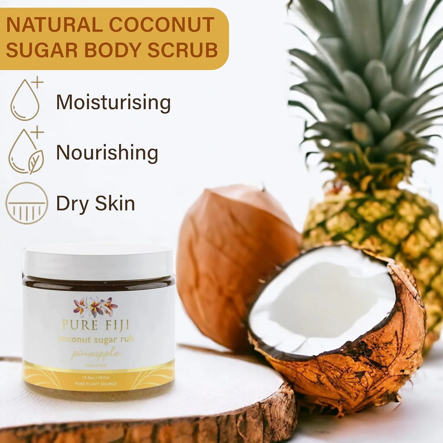 Pure Fiji Coconut Sugar Body Scrub - Body Exfoliator Scrub Natural Origin for Smooths and Softens Skin - Organic Exfoliating Sugar Scrub for Body, Pineapple, 15.5 Oz