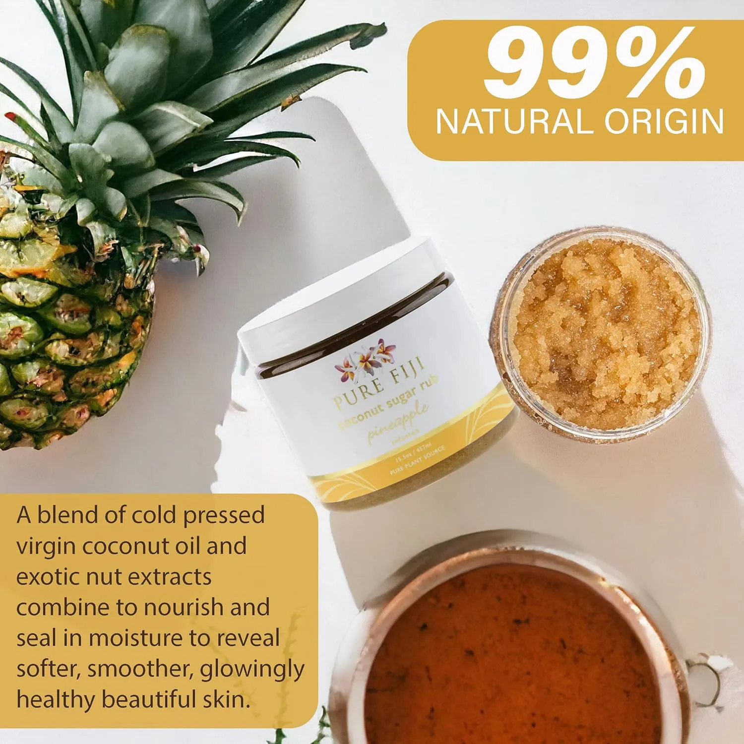 Pure Fiji Coconut Sugar Body Scrub - Body Exfoliator Scrub Natural Origin for Smooths and Softens Skin - Organic Exfoliating Sugar Scrub for Body, Pineapple, 15.5 Oz